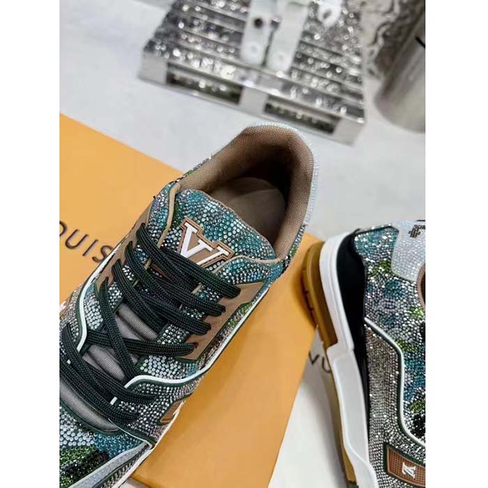 Louis Vuitton LV Unisex Trainer Sneaker Khaki Green Strass Rubber Monogram Flowers