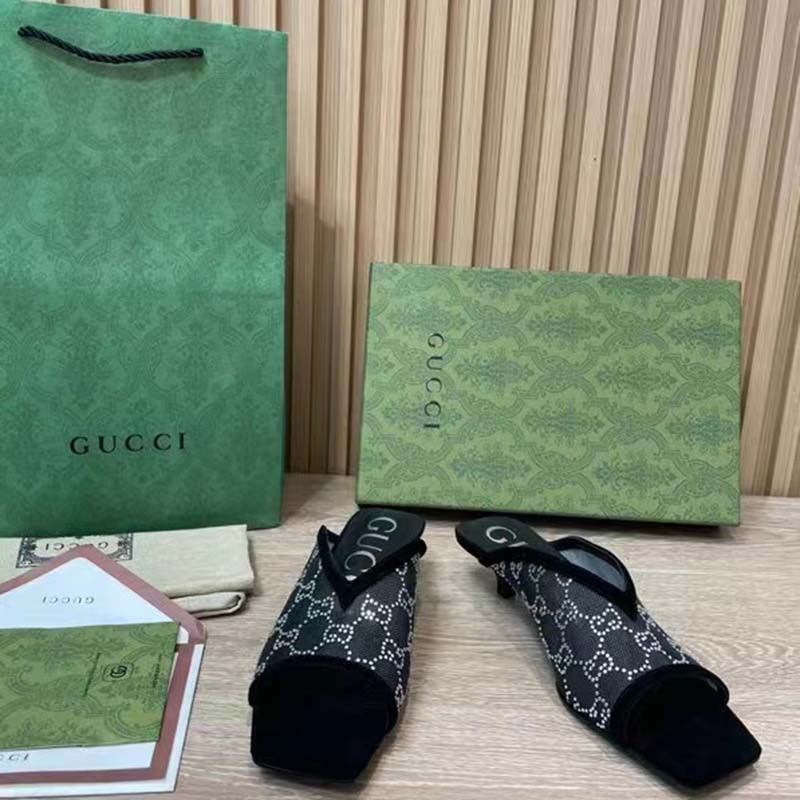 Gucci Women GG Sandal Pump Black Mesh GG Crystals Mid 8 cm Heel