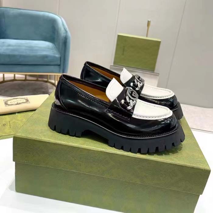 Gucci Unisex GG Loafer Interlocking G Black Off White Leather Rubber Lug Mid 4.3 CM Heel