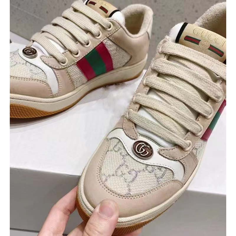 Gucci Unisex Screener Sneaker Pink Green Web Cream Scrap Less Leather