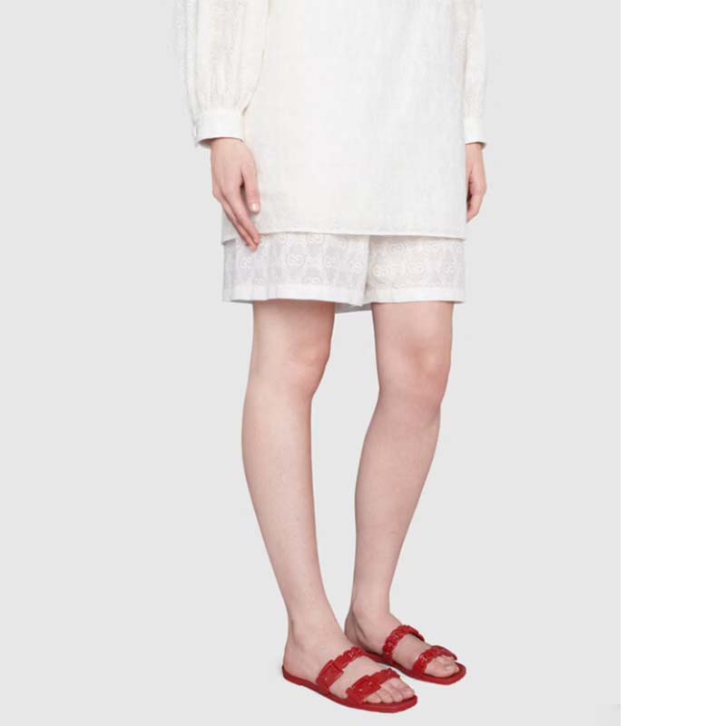 Gucci Women GG Rubber Slide Sandal Hibiscus Red Chain Flat 1.5 Cm Heel