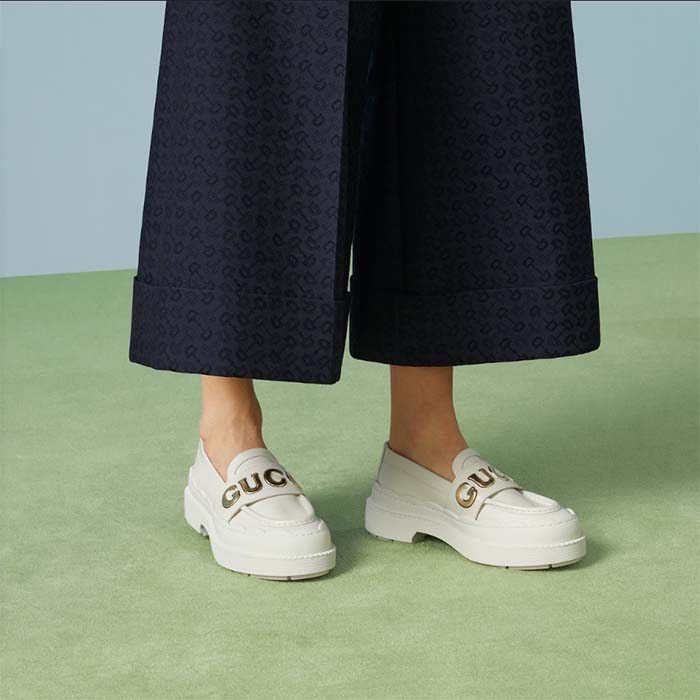 Gucci GG Women Gucci Loafer White Metallic Leather Scalloped Script Rubber Sole Mid-Heel