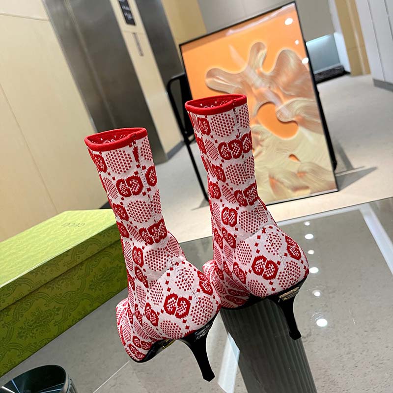 Gucci Women GG Knit Ankle Boots Pink Red GG Technical Fabric Leather Mid-Heel