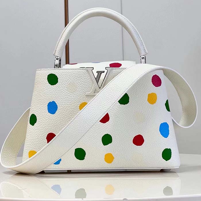 Louis Vuitton Women LV x YK Capucines BB White Taurillon Bull Calf Leather 3D Painted Dots