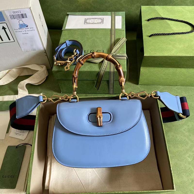 Gucci Women Bamboo 1947 Mini Top Handle Bag Blue Leather Bamboo Hardware