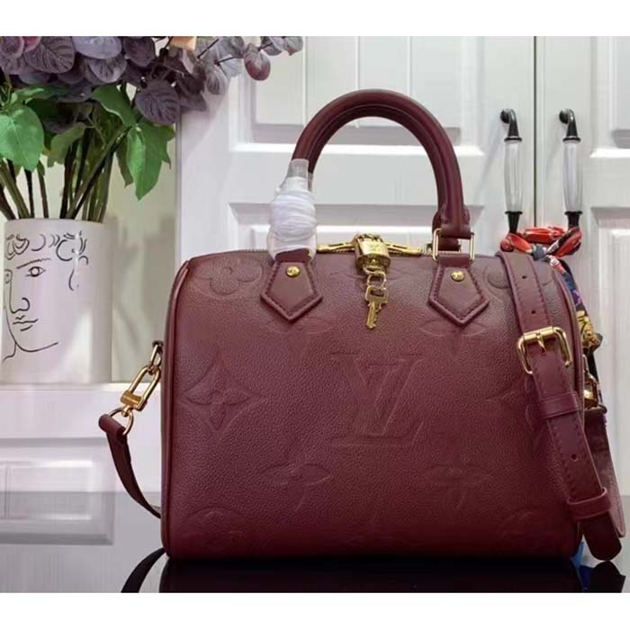 Louis Vuitton LV Women Speedy Bandoulière 25 Wine Red Monogram Empreinte Embossed Grained Cowhide Leather