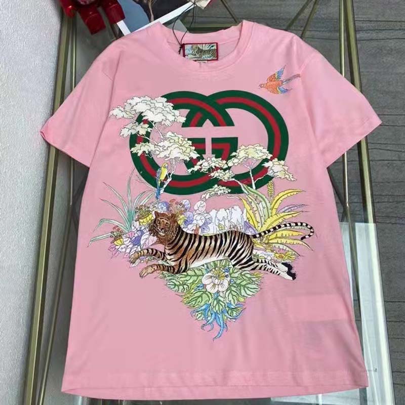 Gucci Men GG Tiger Interlocking G T-Shirt Pink Cotton Jersey Flower Crewneck Oversize Fit