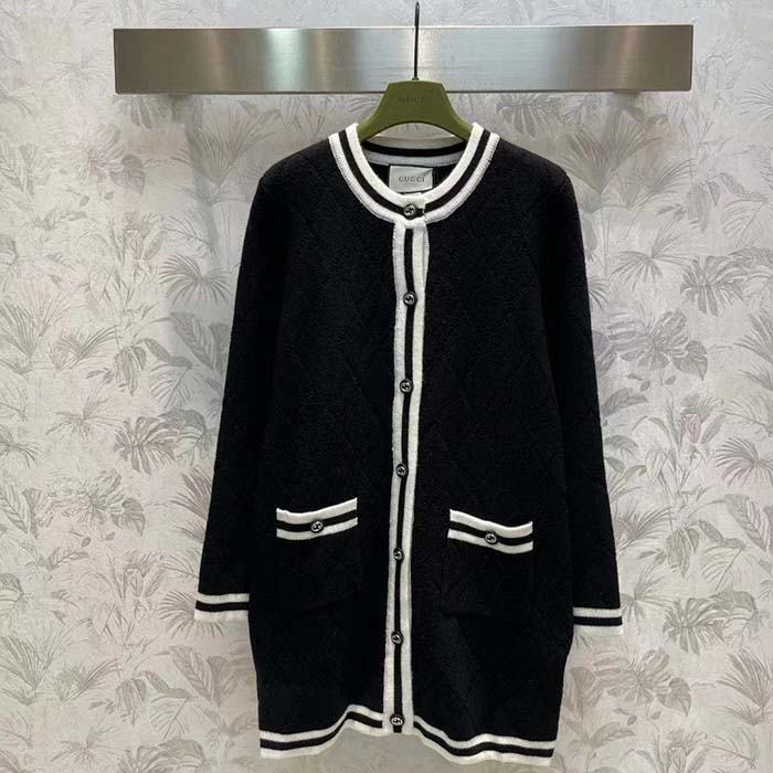 Gucci Women GG Extra Fine Wool Piquet Coat Collarless Long Sleeves Two Front Pockets