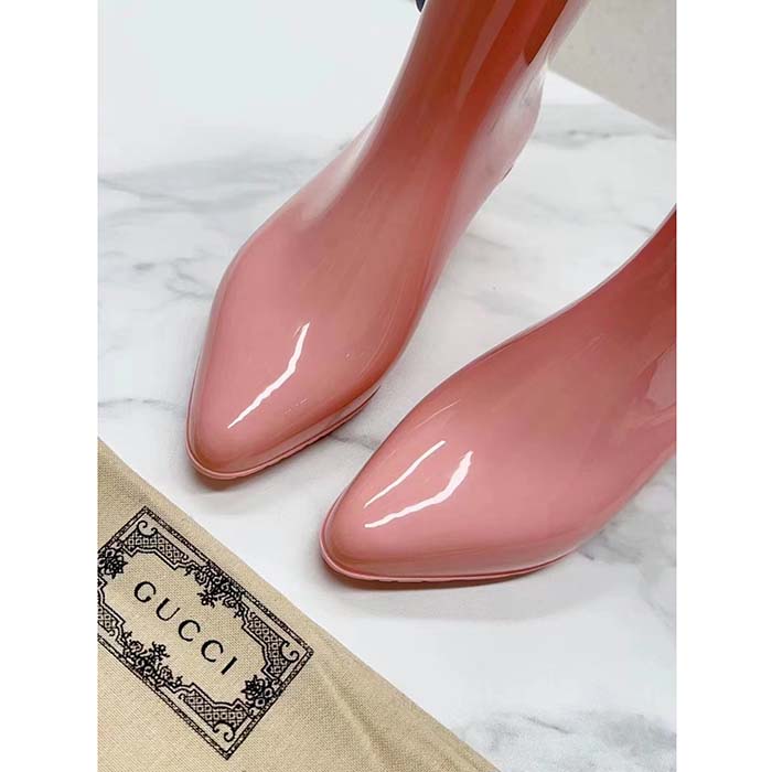 Gucci Women Interlocking G Ankle Boot Pink Shiny Rubber Matte Point Toe Low-Heel