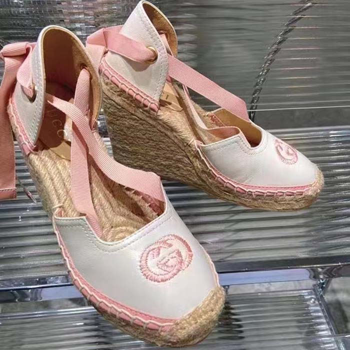 Gucci Women Espadrille Ribbon Tie Interlocking G Embroidery White Cotton Canvas Peep Toe