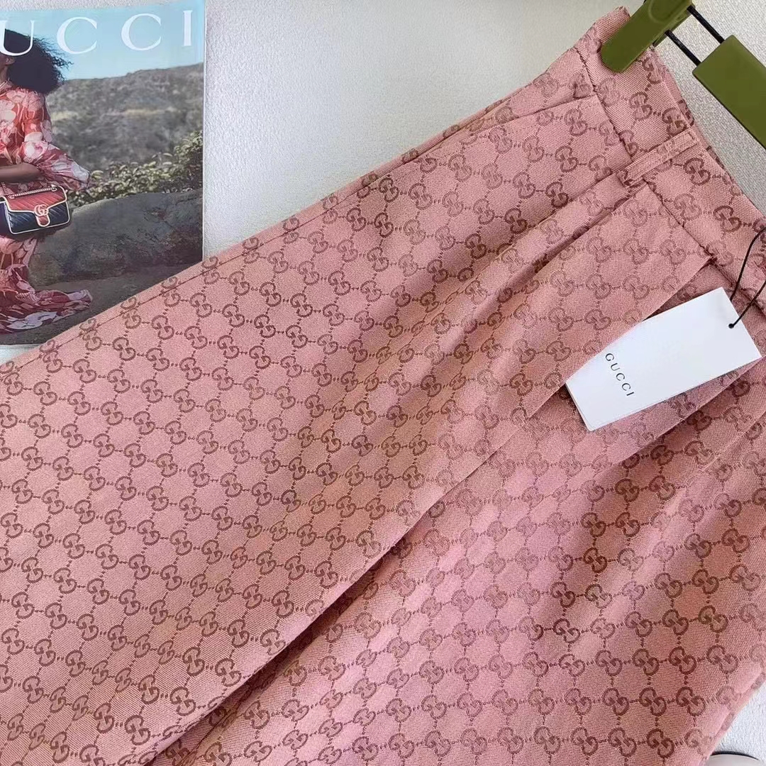 Gucci Women GG Cotton Canvas Pant Light Pink Brown Unlined Fitted Waistband Two Back Pockets