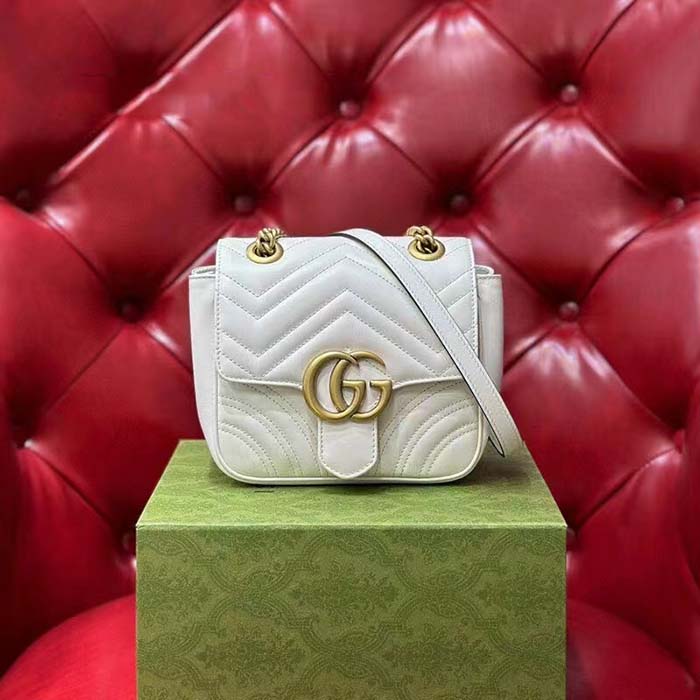 Gucci Women GG Marmont Matelassé Mini Tote Bag White Chevron Leather Double G