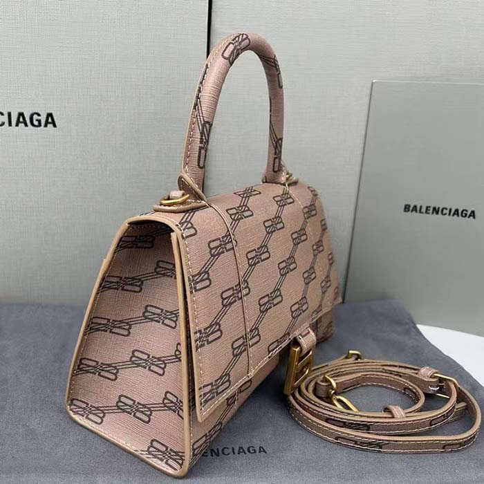 Balenciaga Women Hourglass Small Handbag Beige Brown BB Monogram Coated Canvas