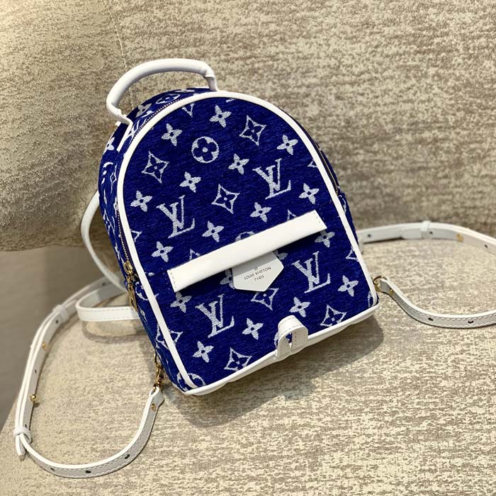 Louis Vuitton LV Unisex Palm Springs Mini Backpack Blue Monogram Velvet Jacquard