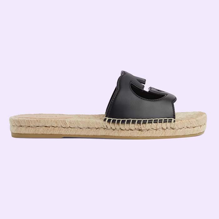 Gucci Unisex GG Interlocking G Cut-Out Slide Sandal Black Leather Low 3 CM Heel