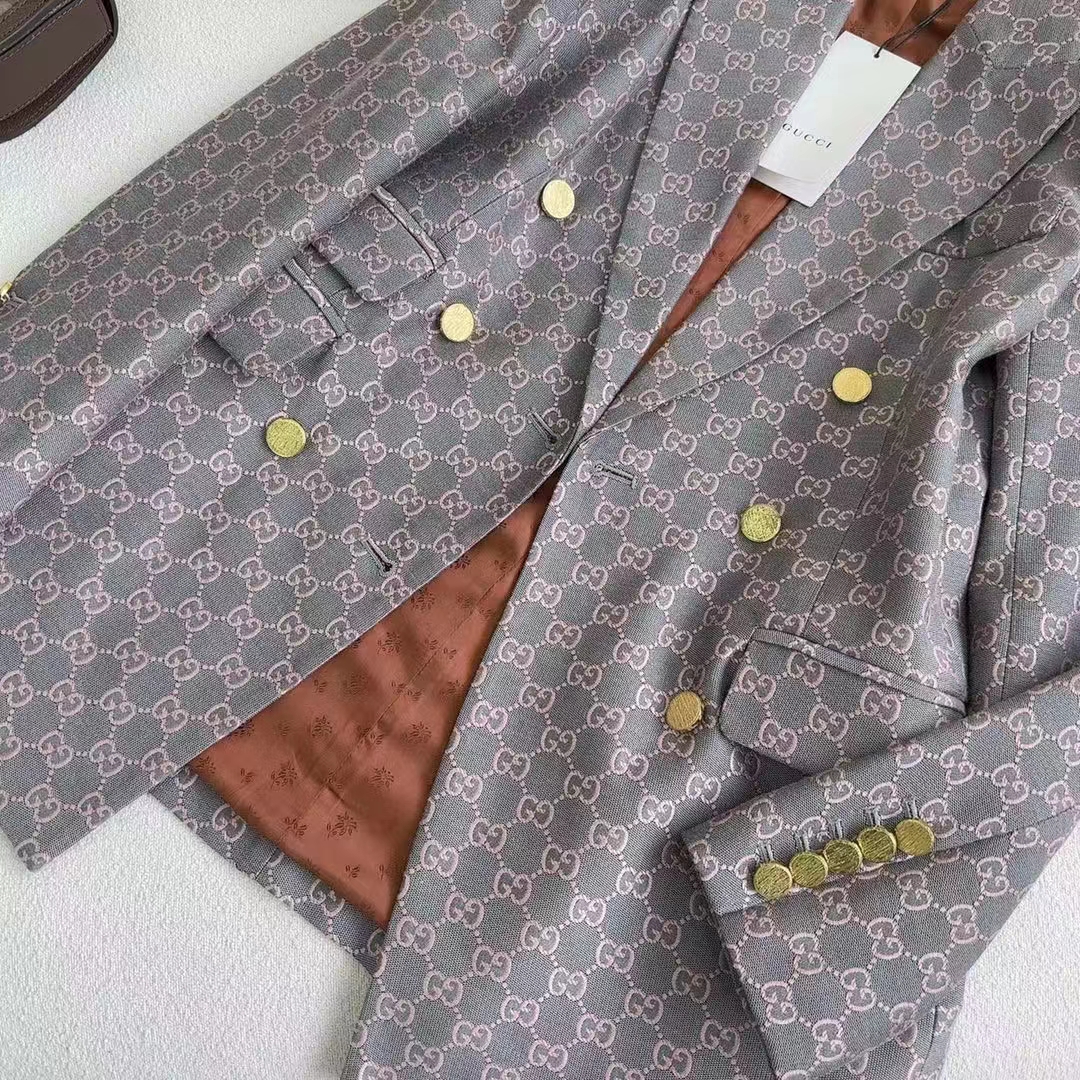 Gucci Women GG Cotton Canvas Jacket Grey Pink Lined Point Revers Double Breasted Fitted Waist
