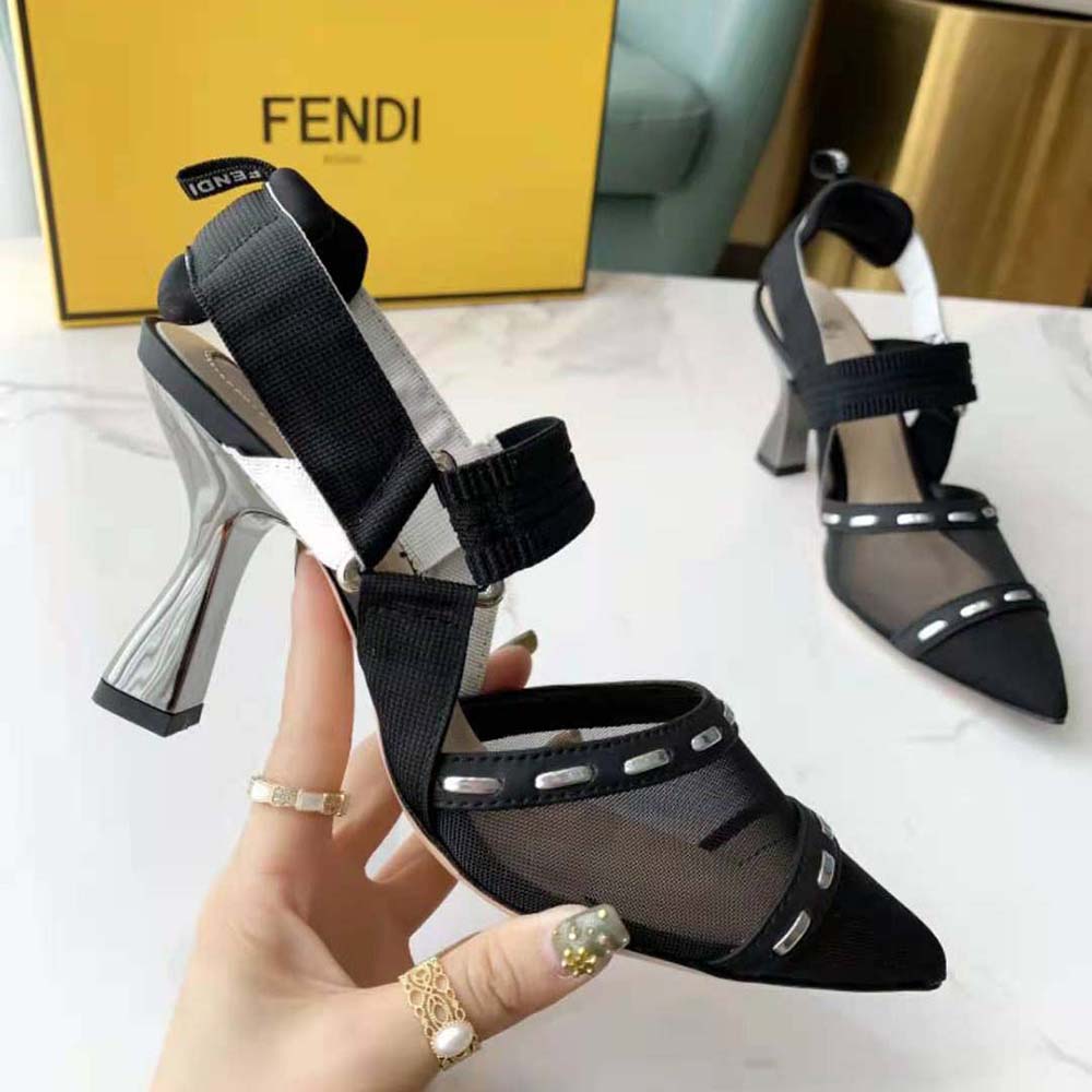Fendi Women Colibri Black Mesh High-Heel Slingbacks with Metal Stitches