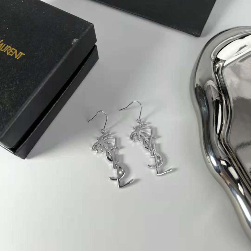 Saint Laurent YSL Women Monogram Palm Earrings in Metal-Silver