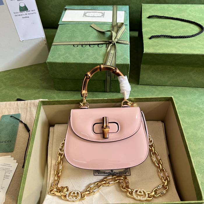 Gucci Women Bamboo 1947 Mini Top Handle Bag Light Pink Patent Leather