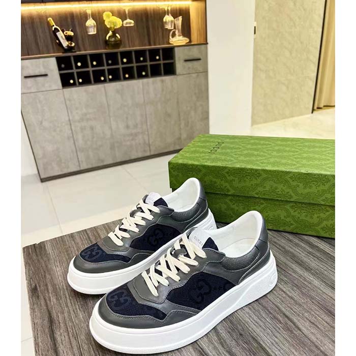 Gucci Unisex Lace-Up Sneaker Grey Leather Blue Black GG Canvas Mid 5.6 Cm Heel