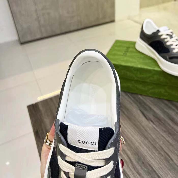 Gucci Unisex Lace-Up Sneaker Grey Leather Blue Black GG Canvas Mid 5.6 Cm Heel