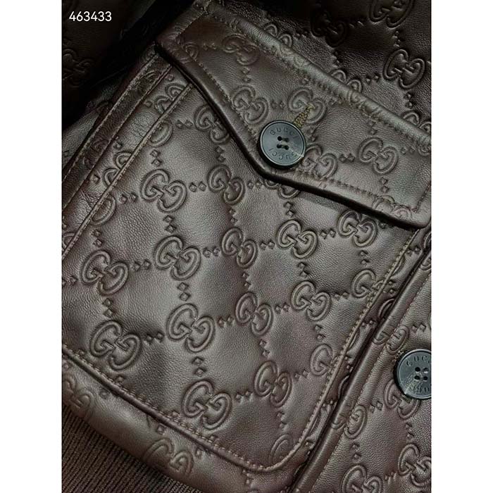 Gucci Women GG Leather Bomber Jacket Brown Lambskin Front Patch Pockets