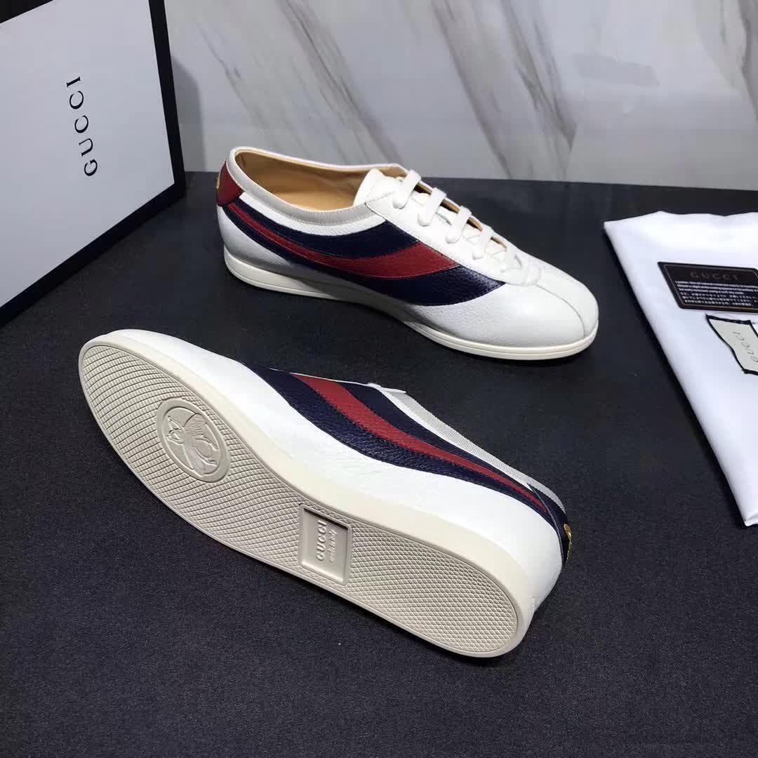 Gucci Men Leather Low-Top Sneaker Shoes with Web Stripe-White