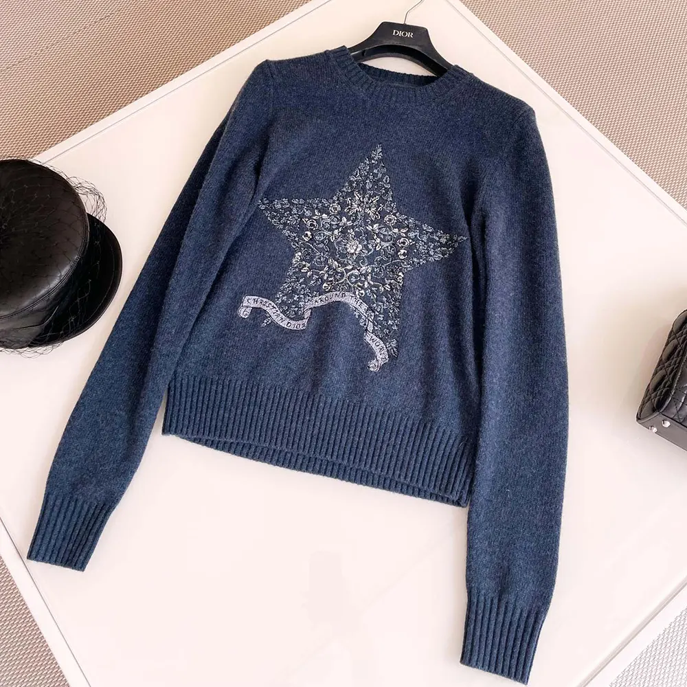 Dior Women Embroidered Sweater Blue Cashmere Knit 514S57A0027