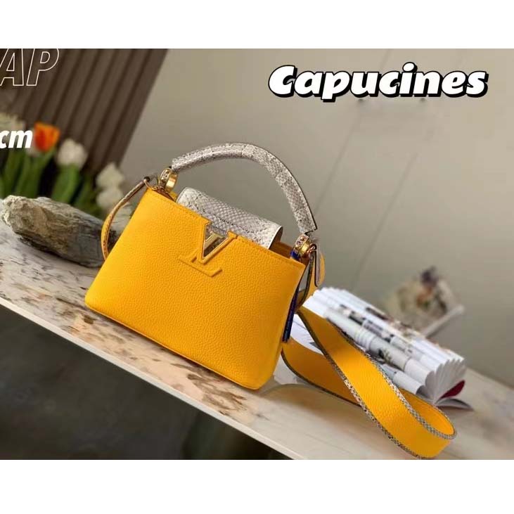 Louis Vuitton LV Women Capucines Mini Handbag Golden Yellow Taurillon Python Leather