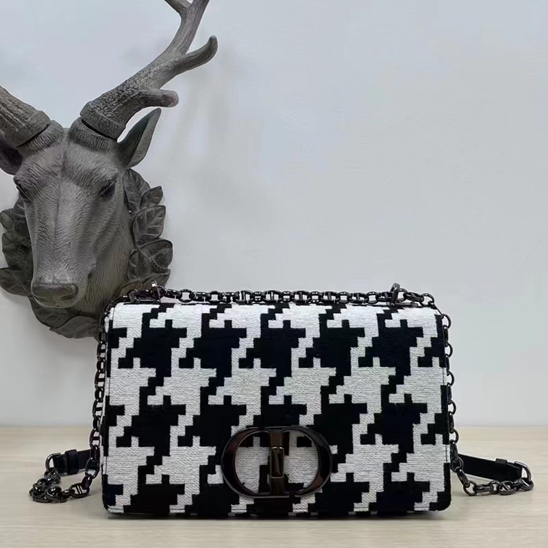 Dior Women Medium Dior Caro Bag Black White Macro Houndstooth Fabric