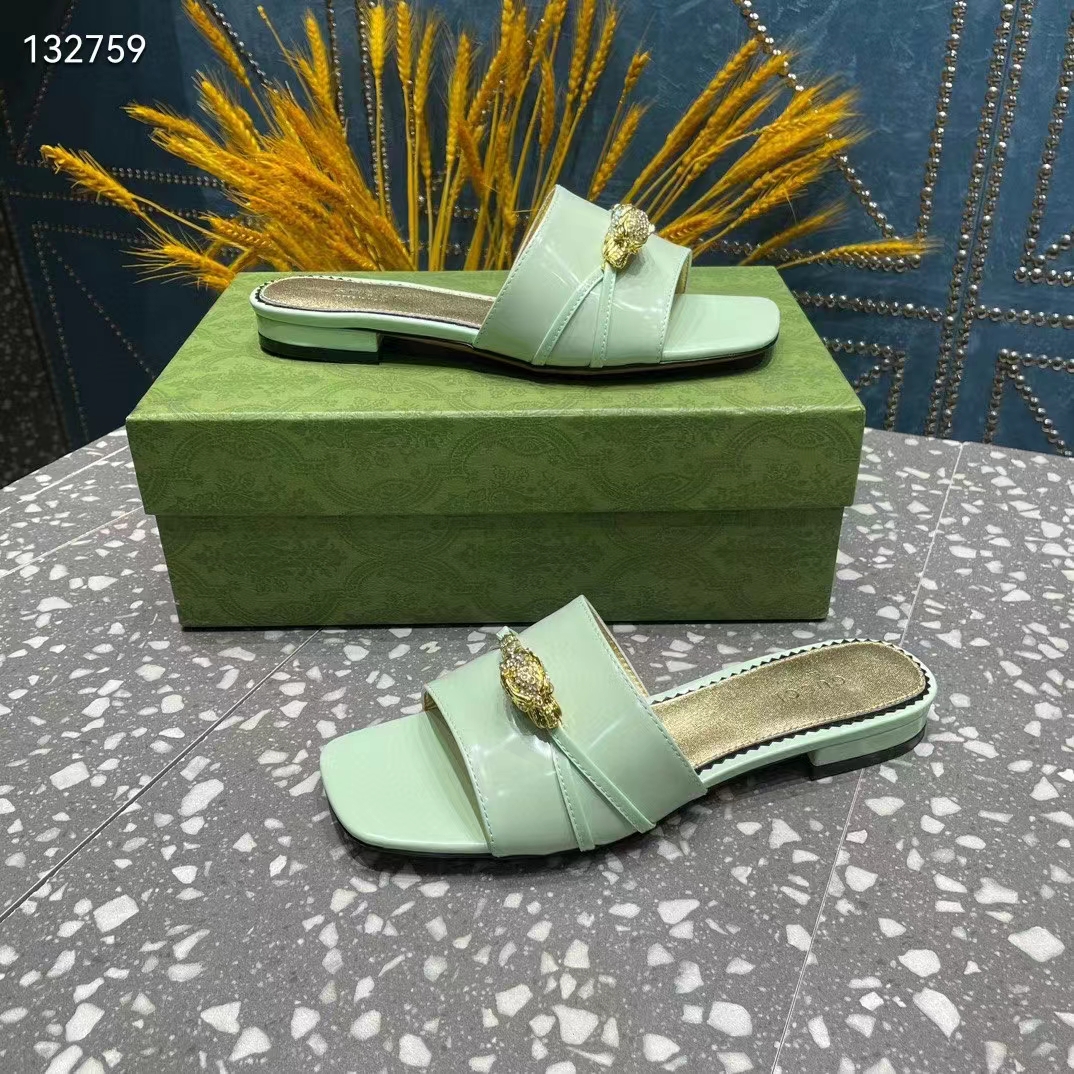 Gucci Women GG Slide Sandal Tiger Head Light Green Leather Flat