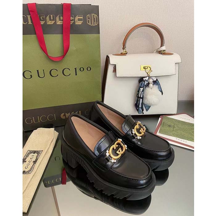 Gucci Women GG Lug Sole Interlocking G Loafer Black Patent Leather Low Heel Rubber