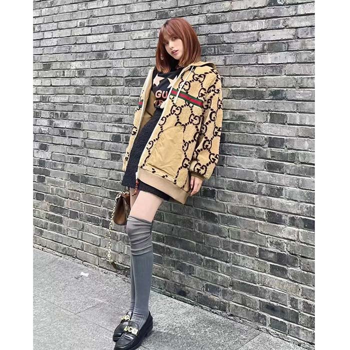 Gucci Women Maxi GG Wool Jersey Jacket Beige Black Polyamide Polyester