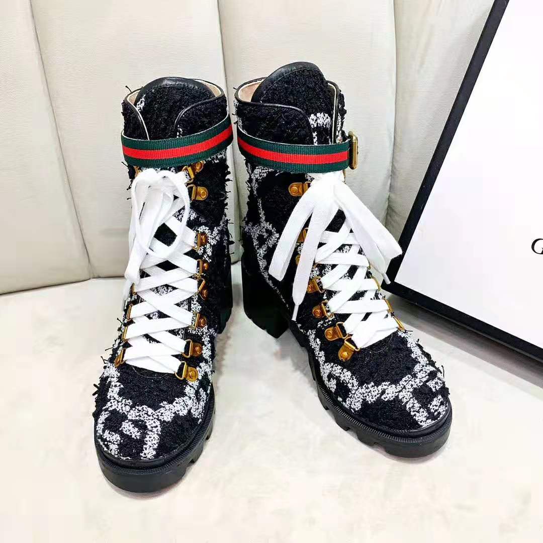 Gucci Women Gucci Zumi GG Tweed Ankle Boot in Black and White GG Tweed 10 cm Heel