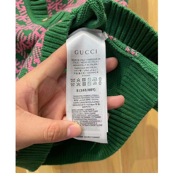 Gucci Women GG HA HA HA Square G Vest Green Pink Wool Jacquard V-Neck Sleeveless