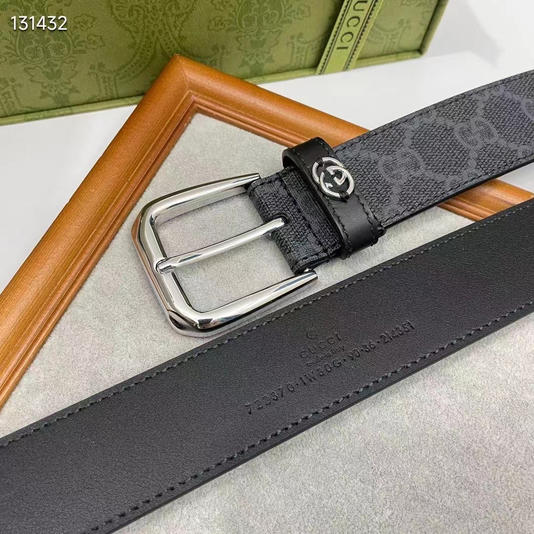 Gucci GG Unisex Belt Interlockig G Black GG Supreme Canvas Leather Square Buckle