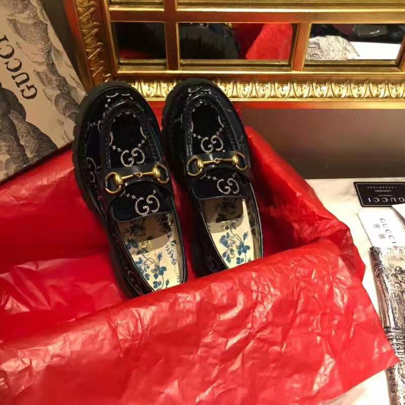Gucci Women GG Velvet Lug Sole Loafer in GG Velvet 2.5 cm Heel-Navy