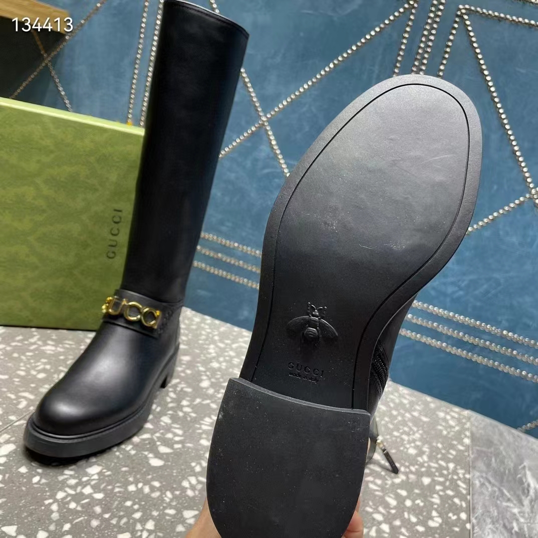 Gucci Women GG Gucci Boot Black Leather Rubber Sole Side Zip Closure Flat 2.3 CM Heel