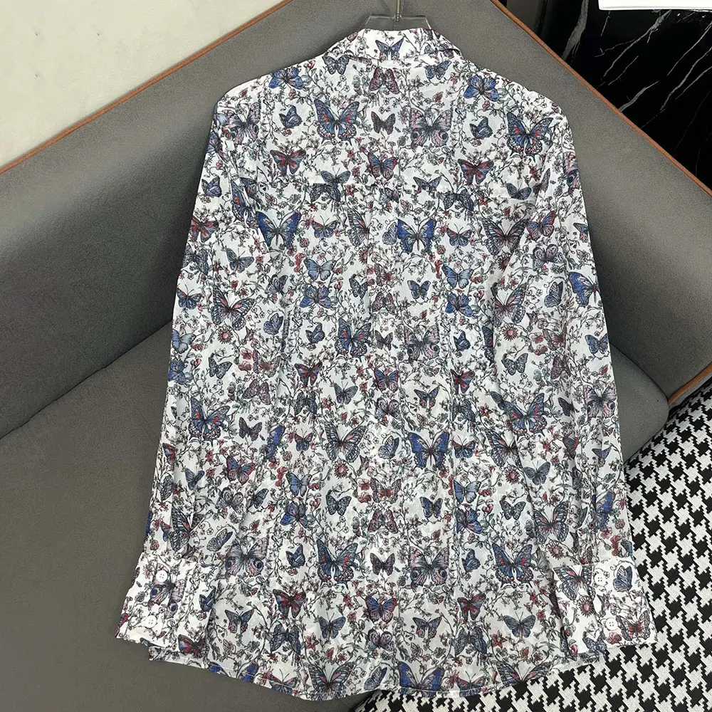 Dior Women Blouse White Cotton Muslin with Multicolor Toile de Jouy Papillon Motif