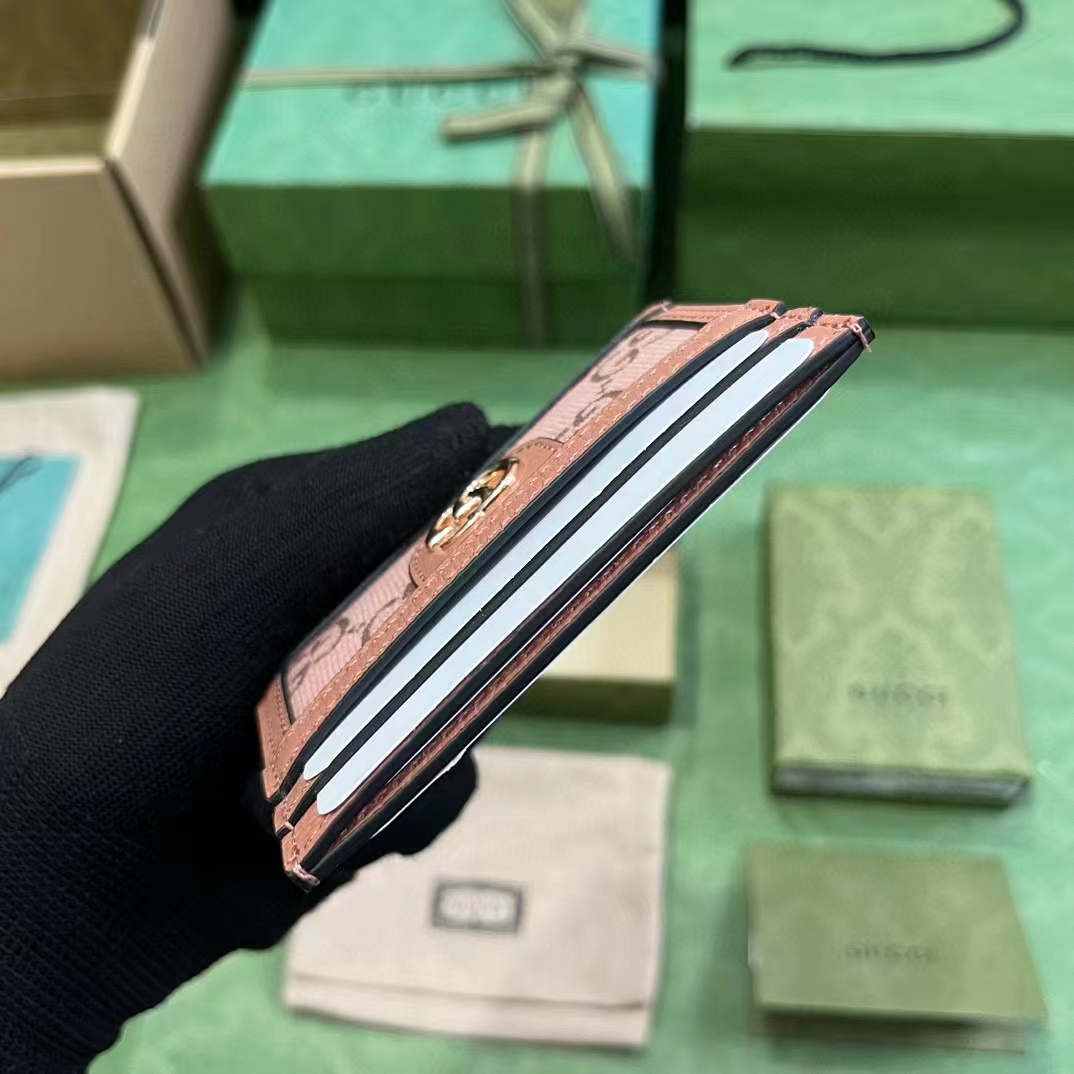 Gucci Unisex Ophidia GG Card Case Wallet Pink Canvas Leather Double G Four Card Slots