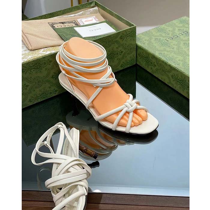 Gucci Women GG Strappy Sandal Bamboo White Leather Bamboo Low Heel