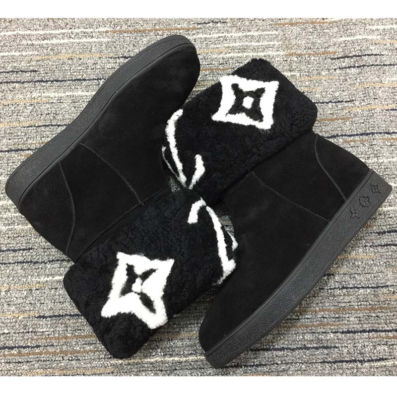Louis Vuitton LV Women Snowdrop Flat Ankle Boot Black Suede Calf Leather Shearling Wool