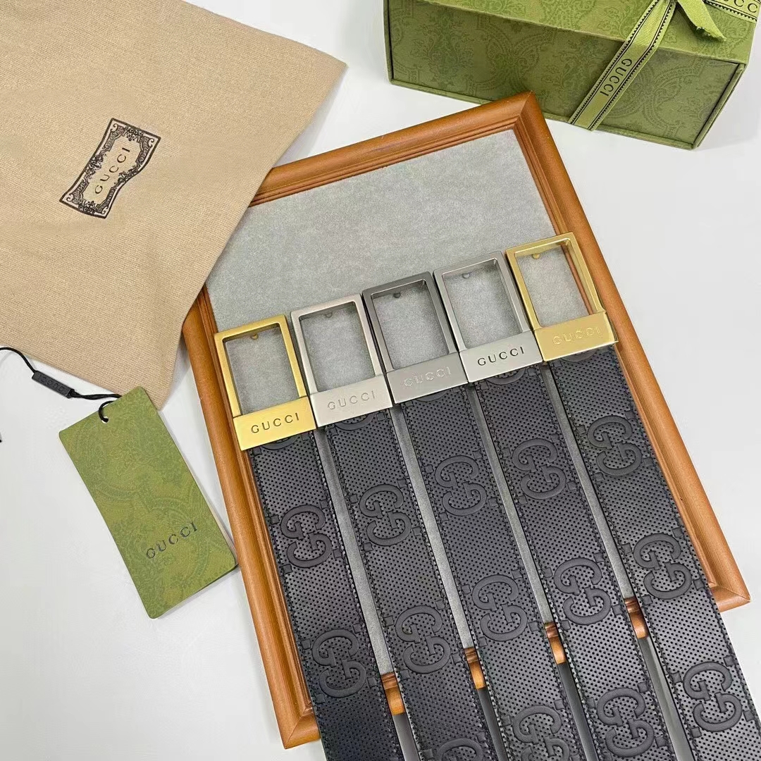 Gucci Unisex GG Belt Rectangular Buckle Black Leather 3.6 CM Width