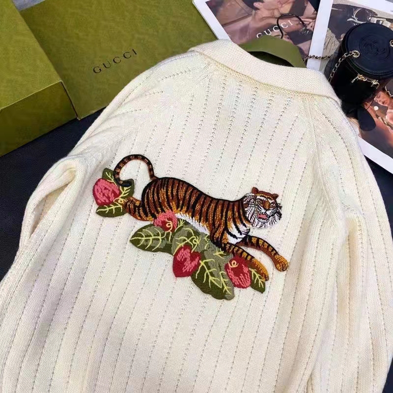 Gucci GG Women Gucci Tiger Knit Sweater Patch Wool Cotton Tiger Flower