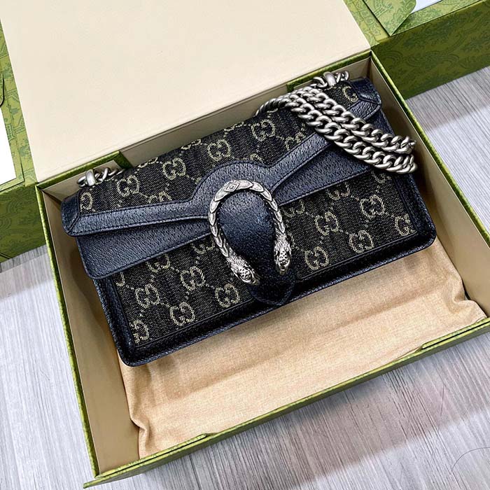 Gucci Women Dionysus GG Small Shoulder Bag Beige Blue Supreme Canvas