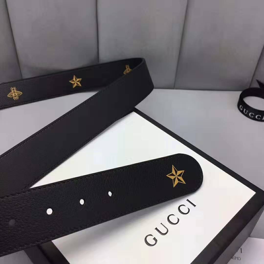 Gucci Unisex Belt with Bees and Stars Bet in Black Metal-Free Tanned Leather