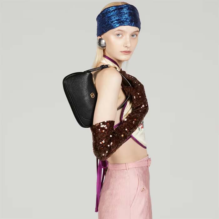 Gucci Women GG Aphrodite Shoulder Bag Double G Black Leather Zip Closure