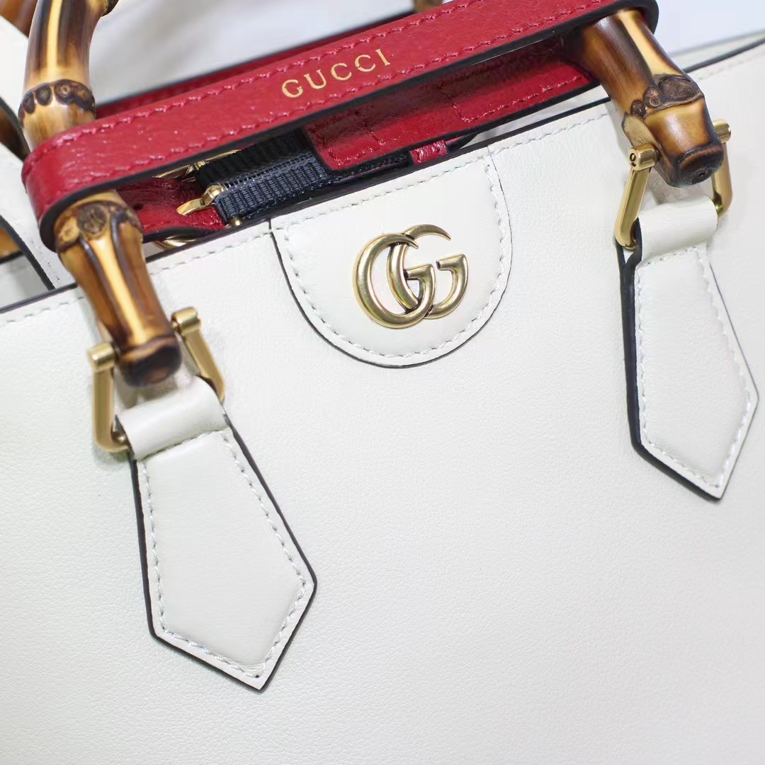 Gucci Women Diana Small Tote Bag White Leather Gold-Toned Hardware Double G