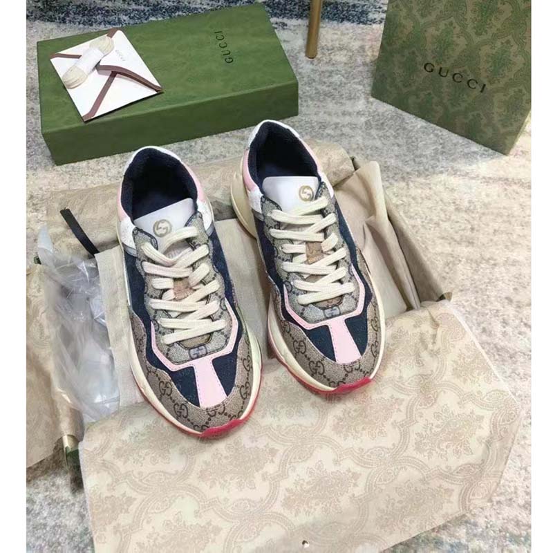 Gucci Women GG Rhyton Sneaker Beige Ebony Blue Supreme Canvas Low 4 cm Heel