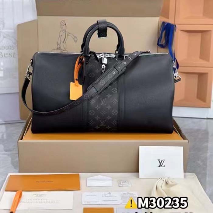 Louis Vuitton LV Unisex Keepall 50 Bandoulière Black Cabin-Size Taiga Cowhide Leather Monogram Eclipse Coated Canvas